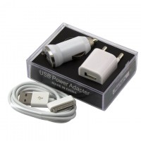Сетевое+автомобильное зарядное устройство 3in1 1USB 1.0A Apple 30-pin white пластик.коробка