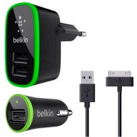 Сетевое+автомобильное зарядное устройство Belkin 3in1 2USB 2.1A+1A Apple 30-pin black