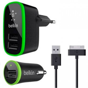 Сетевое+автомобильное зарядное устройство Belkin 3in1 2USB 2.1A+1A Apple 30-pin black в Одессе