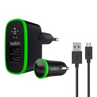 Сетевое+автомобильное зарядное устройство Belkin 3in1 2USB 2.1A+1A micro-USB black