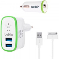 Сетевое+автомобильное зарядное устройство Belkin 3in1 2USB 2.1A+1A Apple 30-pin white