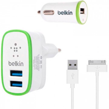 Сетевое+автомобильное зарядное устройство Belkin 3in1 2USB 2.1A+1A Apple 30-pin white в Одессе