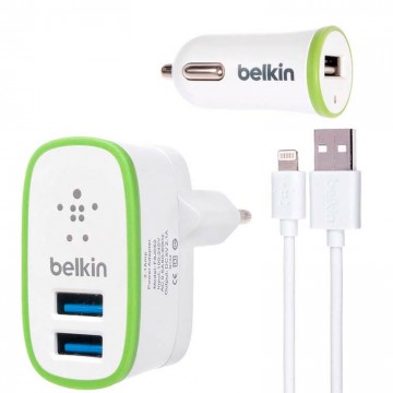 Сетевое+автомобильное зарядное устройство Belkin 3in1 2USB 2.1A+1A Lightning white в Одессе