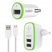 Сетевое+автомобильное зарядное устройство Belkin 3in1 2USB 2.1A+1A micro-USB white