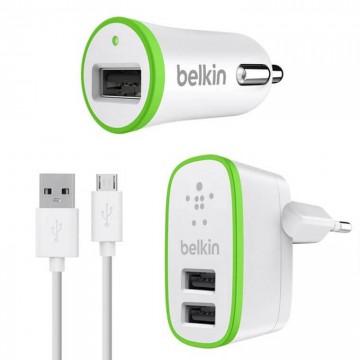 Сетевое+автомобильное зарядное устройство Belkin 3in1 2USB 2.1A+1A micro-USB white в Одессе