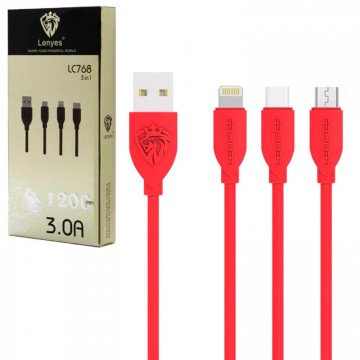 USB кабель Lenyes LC768 3in1 Lightning, micro USB, Type-C 1m красный в Одессе