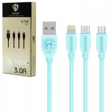 USB кабель Lenyes LC768 3in1 Lightning, micro USB, Type-C 1m голубой в Одессе