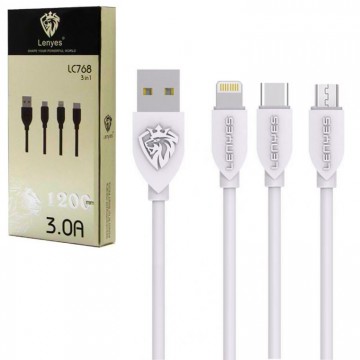 USB кабель Lenyes LC768 3in1 Lightning, micro USB, Type-C 1m белый в Одессе