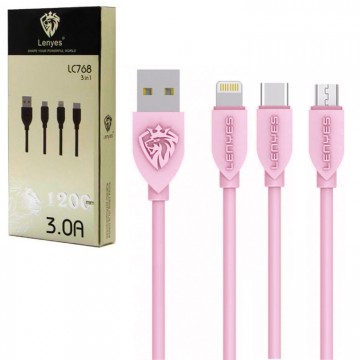 USB кабель Lenyes LC768 3in1 Lightning, micro USB, Type-C 1m розовый в Одессе