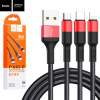 USB кабель Hoco X26 Xpress 3in1 Lightning, micro USB, Type-C 1М черно-красный