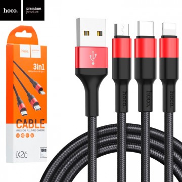 USB кабель Hoco X26 Xpress 3in1 Lightning, micro USB, Type-C 1М черно-красный в Одессе