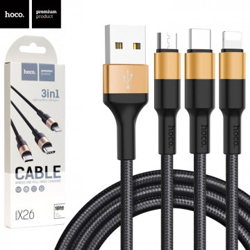 USB кабель Hoco X26 Xpress 3in1 Lightning, micro USB, Type-C 1М черно-золотистый в Одессе