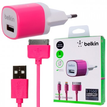 Сетевое зарядное устройство Belkin 2in1 1USB 1A Apple 30pin pink в Одессе