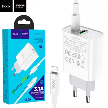 Сетевое зарядное устройство Hoco C80A PD + QC3.0 1USB 3.1A Type-C to Lightning white в Одессе