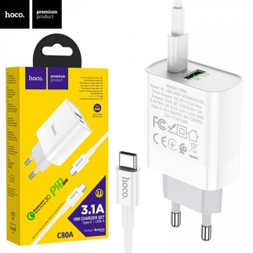 Сетевое зарядное устройство Hoco C80A PD + QC3.0 1USB 3.1A Type-C to Type-C white в Одессе