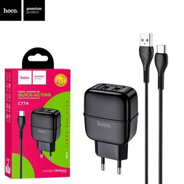 Сетевое зарядное устройство Hoco C77A 2USB 2.4A Type-C black в Одессе