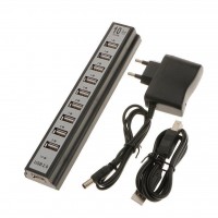 USB Hub 10 PORT + USB Type B шнур + adapter black