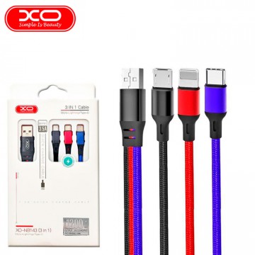 USB кабель XO NB143 3in1 Lightning - micro USB - Type-C 1.2m черно-красно-синий в Одессе