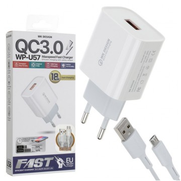 Сетевое зарядное устройство WK WP-U57m QC3.0 1USB 2.4A micro-USB white в Одессе