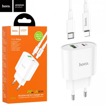 Сетевое зарядное устройство Hoco C95A PD20W + QC3.0 1USB 3A Type-C to Lightning white в Одессе