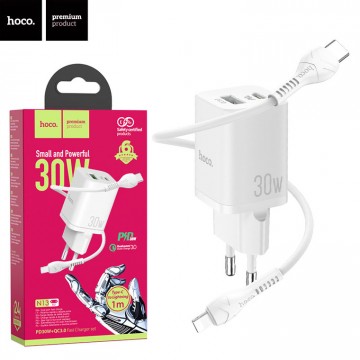 Сетевое зарядное устройство Hoco N13 PD30W + QC3.0 1USB 3A Type-C to Lightning white в Одессе