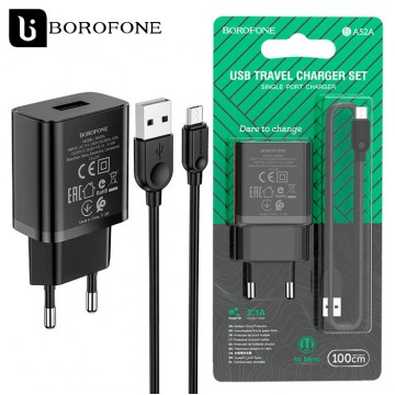 Сетевое зарядное устройство Borofone BA52A 1USB 2.1A micro USB black в Одессе