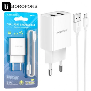 Сетевое зарядное устройство Borofone BA53A 2USB 2.1A micro USB white в Одессе