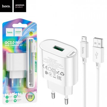 Сетевое зарядное устройство Hoco C109A QC3.0 1USB 3.0A micro USB white в Одессе