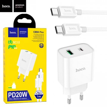 Сетевое зарядное устройство Hoco C80A Plus PD 20W + QC3.0 Type-C Type-C white в Одессе