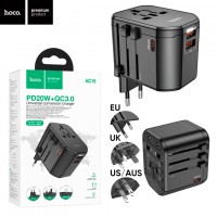 Сетевое зарядное устройство Hoco AC15 с адаптером розетки, штекеров EU, UK, US, AUS PD20W + QC3.0 2USB black