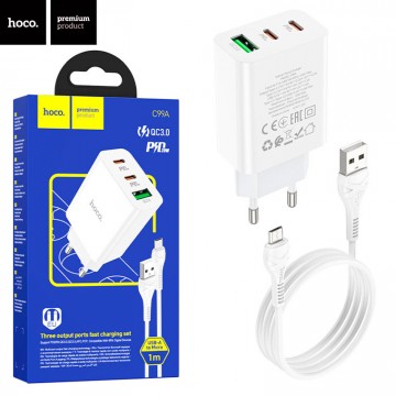 Сетевое зарядное устройство Hoco C99A PD20W + QC3.0 1USB 2Type-C 3A micro USB white в Одессе