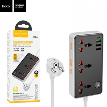 Сетевой удлинитель Hoco AC8A 3USB 3 розетки black в Одессе