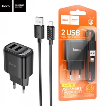 Сетевое зарядное устройство Hoco C141A 2USB 2.4A Lightning black в Одессе