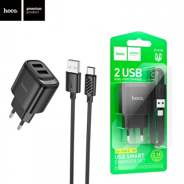 Сетевое зарядное устройство Hoco C141A 2USB 2.4A Type-C black в Одессе