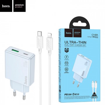 Сетевое зарядное устройство Hoco C142A PD20W QC3.0 1USB 1Type-C 3A Type-C - Lightning blue в Одессе
