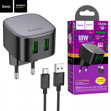 Сетевое зарядное устройство Hoco CS34A QC3.0 2USB 18W 3A Type-C black в Одессе