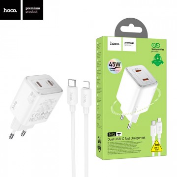 Сетевое зарядное устройство Hoco N42 PD45W 2Type-C 3A Type-C - Lightning white в Одессе