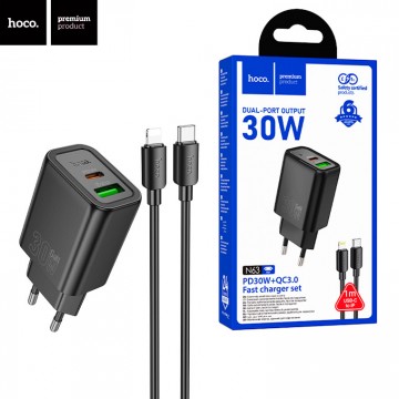 Сетевое зарядное устройство Hoco N63 PD30W QC3.0 1USB 1Type-C 3A Type-C - Lightning black в Одессе