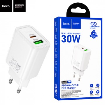 Сетевое зарядное устройство Hoco N63 PD30W QC3.0 1USB 1Type-C 3A white в Одессе