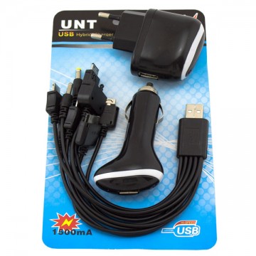 Сетевое+автомобильное зарядное устройство UNT-168 универсальный шнур 14in1 1USB 1.0A black в Одессе