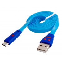USB - Micro USB шнур плоский светящийся 1m голубой, штекер 8мм
