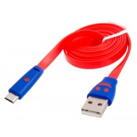 USB - Micro USB шнур плоский светящийся 1m красный, штекер 8мм